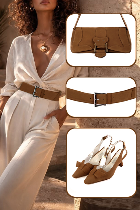 Women's caramel brown elegant slingback heels, with a bow on the front. Tapered toe. Medium spool heels - Top view